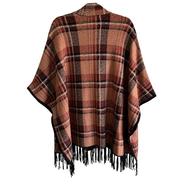 Tahari Plaid Knit Zip-Up Poncho Cape Fringe Brown Black Women’s 2X 3X Plus Size - Picture 6 of 11